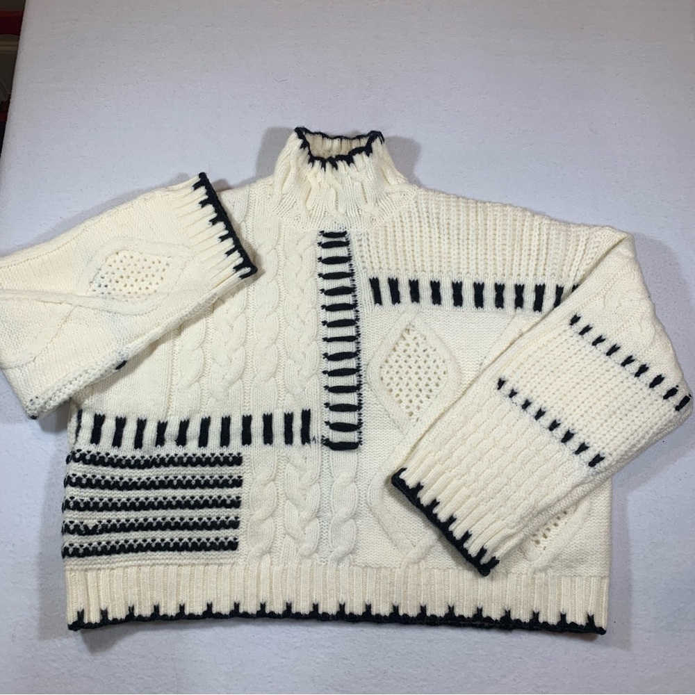 Contrast Patchwork Cream Black Crop Cable Knit Sw… - image 2